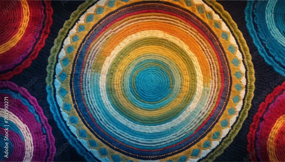 Poster a close-up of a vibrant, textured quilt with circular patterns in a beautiful spectrum of colors dep