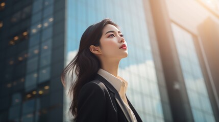 Obraz premium confident and professional young Asian businesswoman looking up while standing 