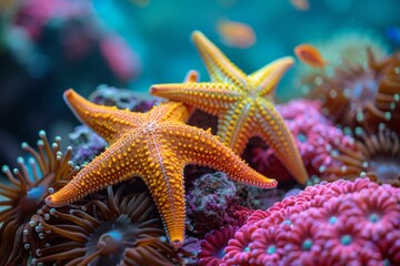 Vivid image of an orange starfish on a colorful coral reef teeming with marine life