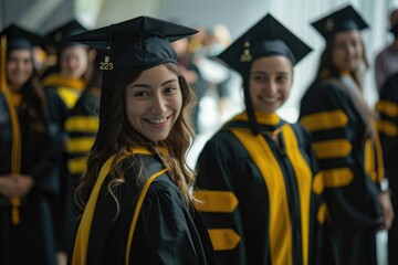A beautiful female graduate stands in the center of her group, wearing black and yellow robes with a cap on her head smiling at the camera. - obrazy, fototapety, plakaty