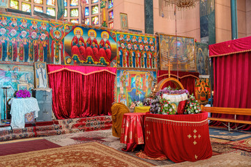 Interior of Debre Libanos, monastery in Ethiopia, lying northwest of Addis Ababa in the Semien Shewa Zone of the Oromia Region. Founded in the 13th century by Saint Tekle Haymanot. Ethiopia Africa