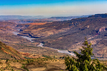 Beautiful mountain landscape with canyon and dry river bed, Oromia Region. Ethiopia wilderness landscape, Africa.
