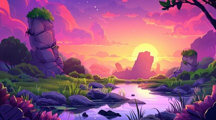 Nature landscape cartoon with pond, grass, rocks, and bushes. Turquoise skies, red clouds, and amazing sun shine.