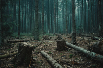 A forest with trees chopped down due to illegal logging activity - obrazy, fototapety, plakaty