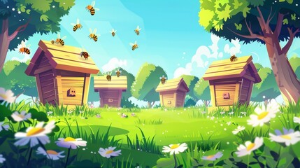 The apiary is a honey bee farm with wooden hives on a summer meadow. Modern illustration of spring landscape with a forest or village garden with flowers, green trees, grass, and hives with swarms.