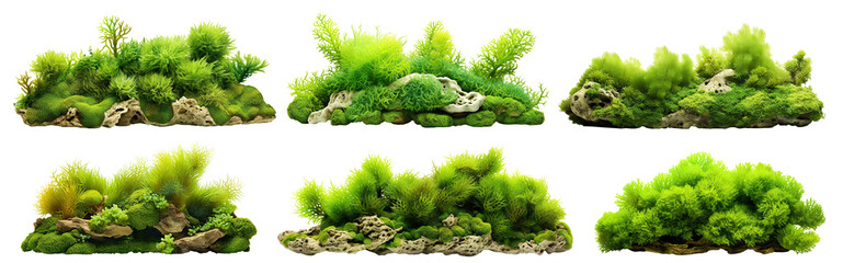 Set of green aquatic moss coral reefs, cut out - obrazy, fototapety, plakaty