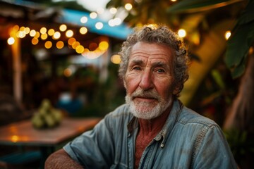 Portrait of an old man with a white beard and mustache in a blue shirt on the background of palm...