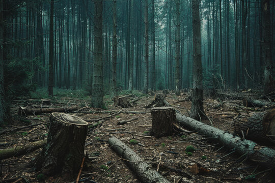 A forest with trees chopped down due to illegal logging activity