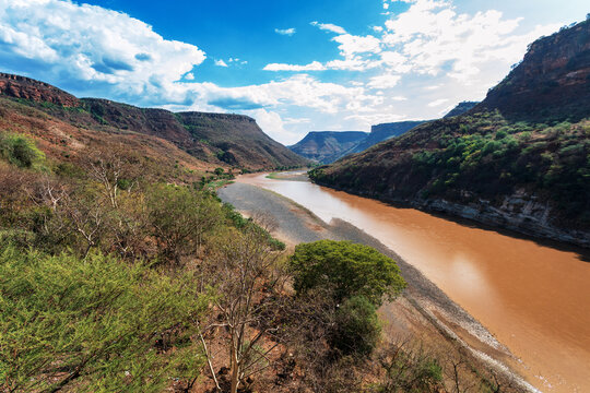 Beautiful mountain landscape with canyon and river Blue Nile, Amhara Region. Ethiopia wilderness landscape, Africa.
