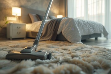 Vacuum cleaner on a fluffy carpet in a cozy bedroom, household cleaning in action. Vacuum Cleaning Soft Carpet in Bedroom - obrazy, fototapety, plakaty