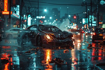 An evocative scene of a high-end sports car wrecked on a wet urban road, under moody evening lights - obrazy, fototapety, plakaty