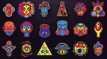 Alien, drug, and TV stickers on black background. Blue girl, martian head, pyramid with eye, strange objects, and strange creatures.
