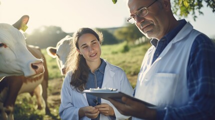 portrait of a veterinary doctor and a young woman with cow farm background