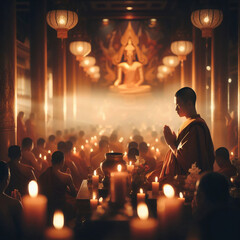 Young buddhist monk in orange robe meditating in temple	