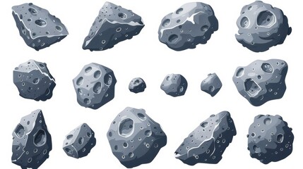 Realistic modern illustration of stone asteroids. Space boulder or boulder with craters isolated icon on white background, various forms. - obrazy, fototapety, plakaty