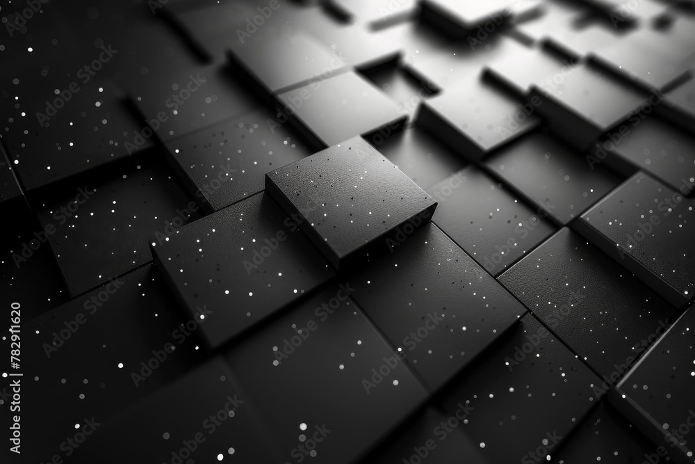 Poster a close-up perspective of monochromatic square blocks in a 3d geometric layout sprinkled with delica