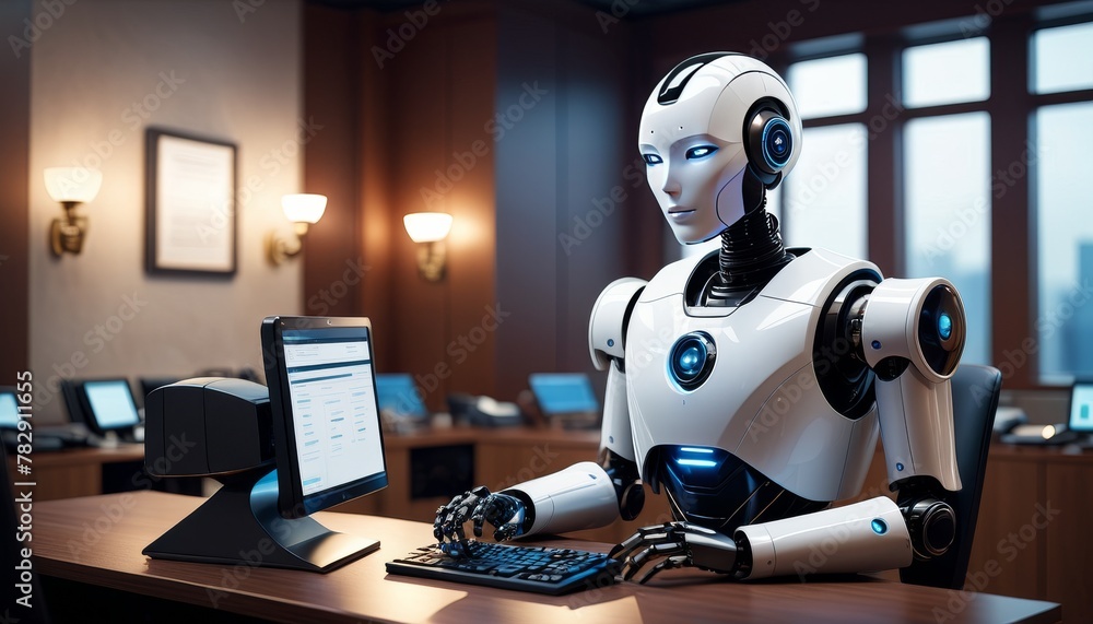 Poster a humanoid robot with a sleek design is depicted working at a computer station, symbolizing advanced