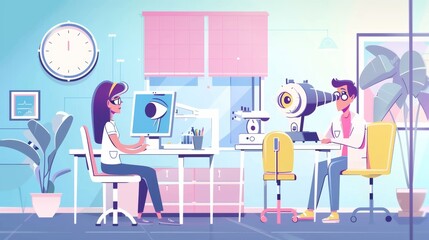 Doctor checking patient eye in ophthalmology office. Optometrist checking patient vision. Medical optician treatment, glasses, focus correction, modern flat illustration. - obrazy, fototapety, plakaty