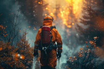 Amidst thick smoke and fiery woods, a firefighter in protective gear advances with his hose to control the blaze