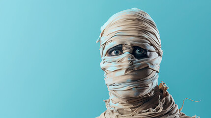 Studio shot portrait of scary mummy pose. Halloween cosplay. Isolated on pastel blue background