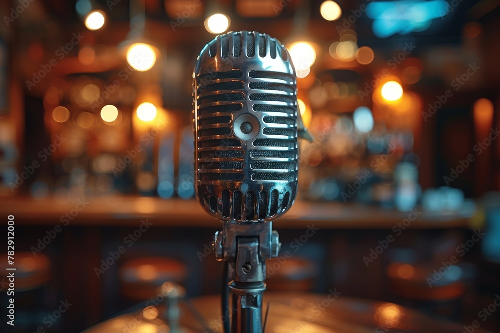 Poster a retro microphone basks in an inviting glow from the bar lights creating a perfect setting for live