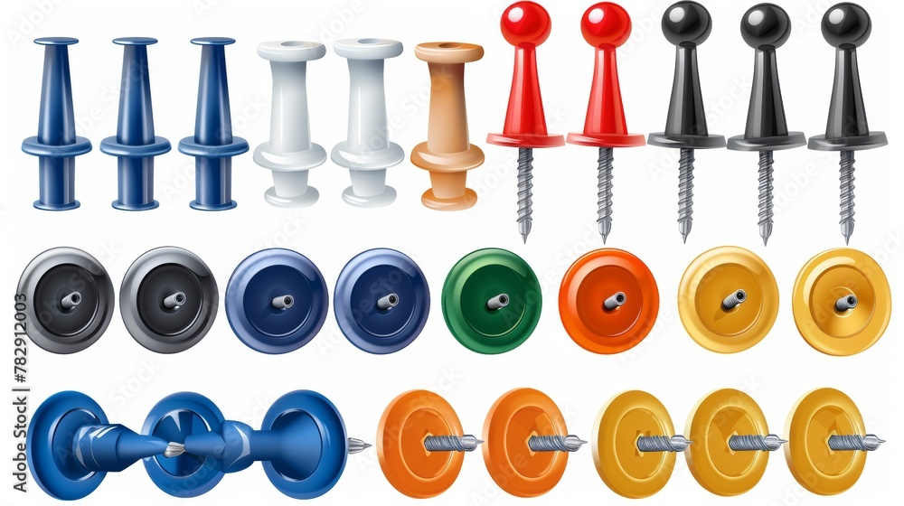 Poster set of three realistic 3d moderns showing pushpins in different positions, thumbtacks, needles and n