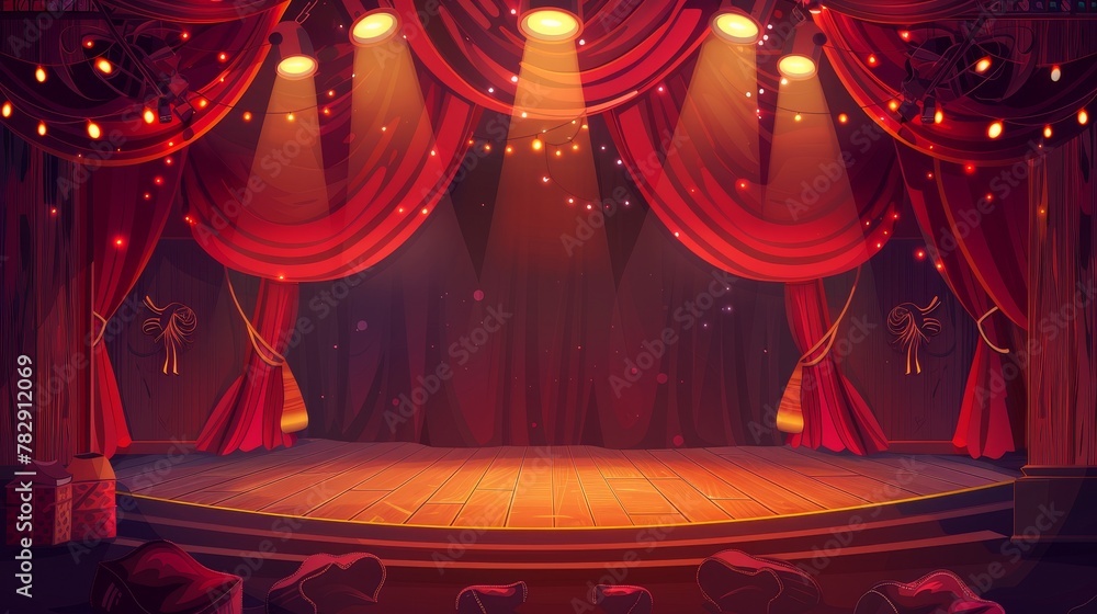 Canvas Prints retro theater stage with red curtains, spotlights, and decorations with sacks. modern illustration o