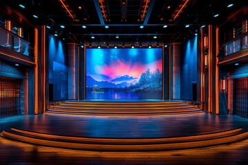 An empty theater stage with a mesmerizing projection of a starry night and mountains onto the backdrop