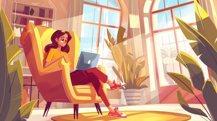 Female freelancer sitting at home working on laptop using a remote control. Illustration of an outsourced employee.