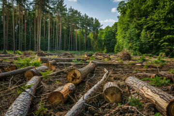 Fototapeta premium A forest with trees chopped down due to illegal logging activity