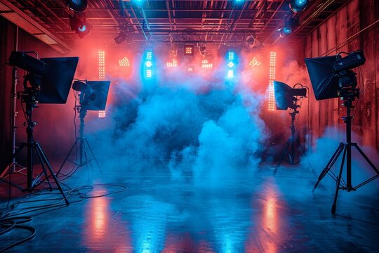 The atmosphere of a studio enhanced with fog machine smoke, paired with vibrant stage lights for dramatic effect