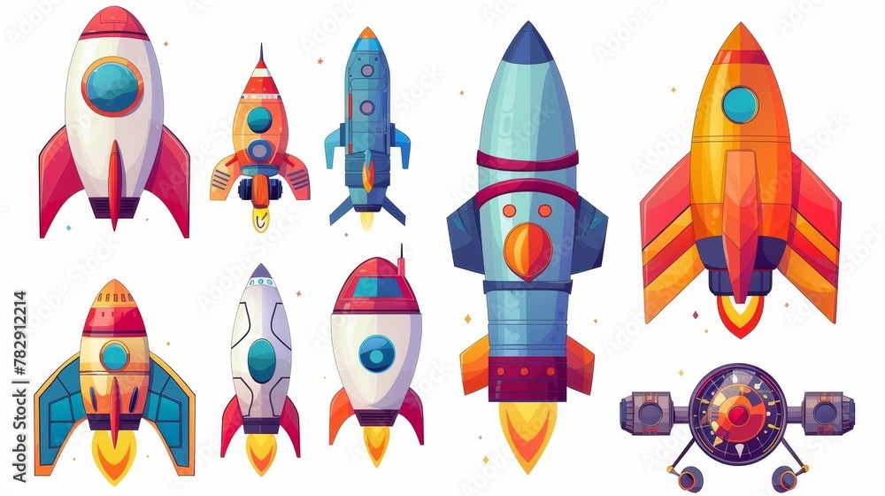 Poster modern set of alien spaceship game icons. illustrations of funny rockets, ufo shuttles isolated on w