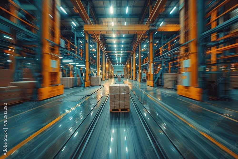 Poster dynamic perspective of a distribution warehouse with motion blur conveying speed and efficiency