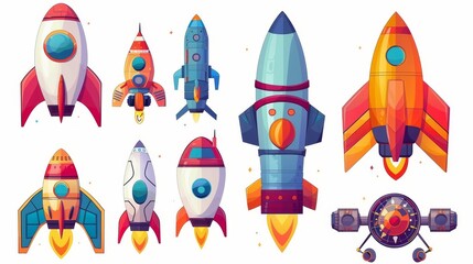 Modern set of alien spaceship game icons. Illustrations of funny rockets, UFO shuttles isolated on white background. Fantasy cosmic objects, computer game graphics.
