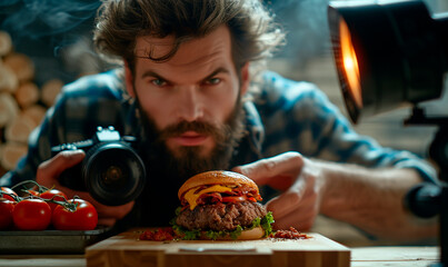 Focused photographer capturing the perfect shot of a freshly made burger with his camera.