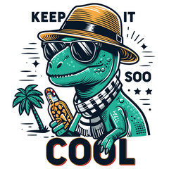 A dinosaur with sunglasses and a hat with a palm tree in the background, keep it soo cool typography tee design.