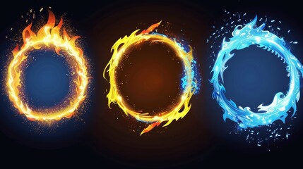 In this set of modern illustrations of yellow and blue borders with flame sparkle effect. Magic power element for computer game UI design, you'll find a set of circular and square fire frames