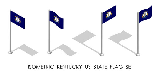 Isometric Kentucky US state in static position and in motion on flagpole. Kentucky map pin mark. 3d vector isolated on white background