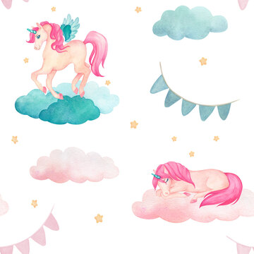 Watercolor seamless pattern with illustration of a cute unicorns on clouds with rainbow, stars, flags in pink and turquoise colors. Fairy-tale cartoon character