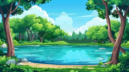 Modern illustration of a summer forest cartoon landscape with a clear lake and turquoise pond. Water is separated from the trees in this free nature wood modern template.