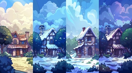 The stone farm house in the forest glade in different seasons. Winter, summer, spring, and autumn landscape of deep woods with a forester's house, modern cartoon illustrations.