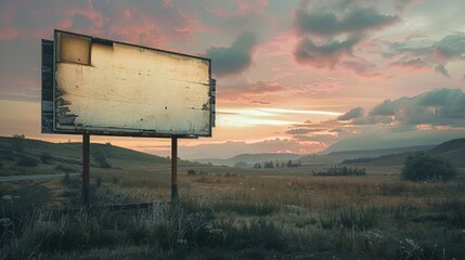 Rustic Vintage Billboard Mockup in Serene Countryside at Sunset.