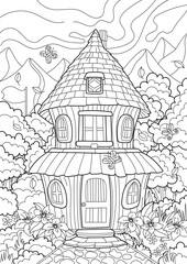 Fairy tale forest house. Coloring page.Scenery.Coloring book antistress for children and adults. Illustration isolated on white background.Zen-tangle style. Hand draw