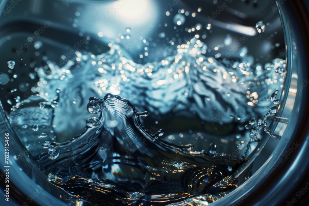 Poster close-up of dynamic water splashes inside a washing machine during a wash cycle. macro shot of water