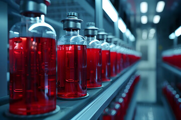 Rows of Vibrant Red Chemical Flasks in a Dimly Lit Scientific Laboratory Setting