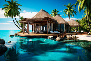 Luxury tropical resort with overwate thatched roof bungalow on the clear blue lagoon overlooking the tropical island