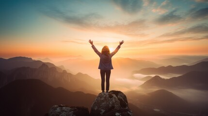 Woman on top of the mountain with  sunrise success in business 