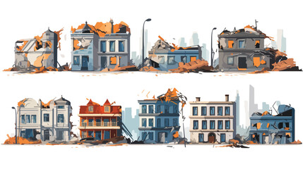 Destroyed city buildings cartoon illustration set. - obrazy, fototapety, plakaty