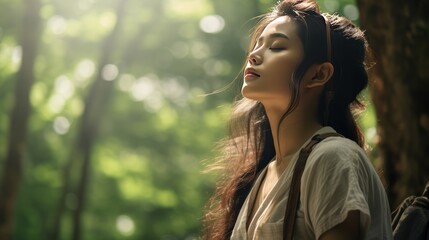 Young Asian woman with eyes closed leaning against tree in forest,  - Powered by Adobe