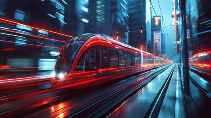 Modern tram in red streaking through a futuristic cityscape. - obrazy, fototapety, plakaty